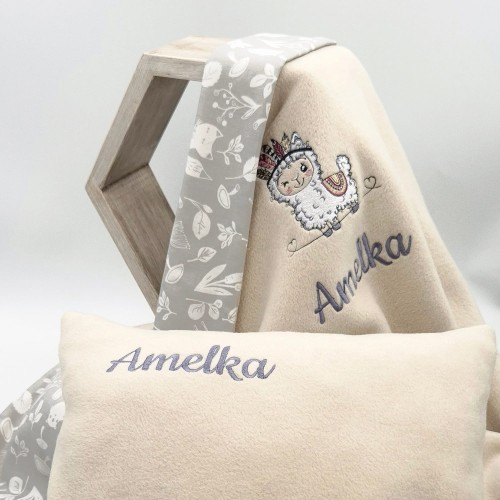 KOCYK I PODUSZKA z imieniem i metryczką LAMA boho