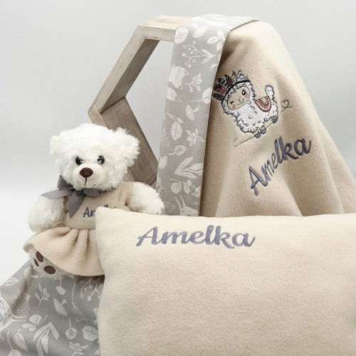 KOCYK PODUSZKA i MIŚ z imieniem i metryczką LAMA boho