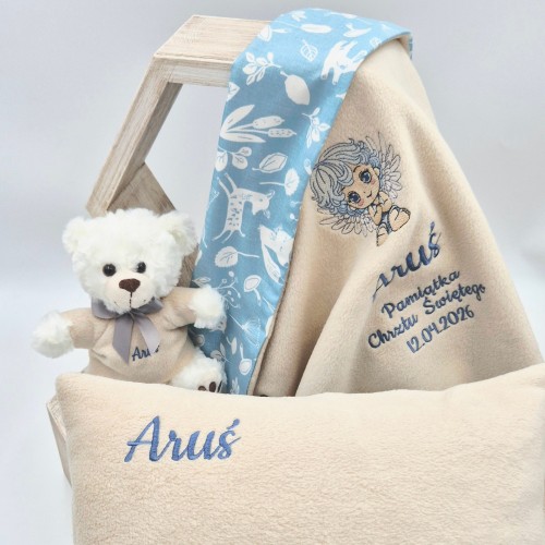 KOCYK PODUSZKA i MIŚ z imieniem MAŁY ANIOŁEK Pamiątka Chrztu  dla chłopca