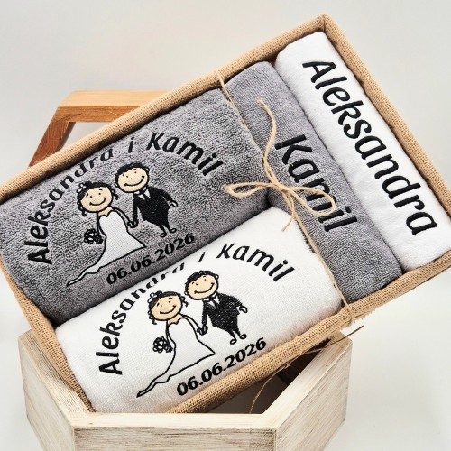 PREZENT ŚLUBNY 4 ręczniki w koszu PARA MŁODA