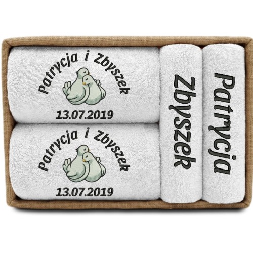 PREZENT ŚLUBNY 4 ręczniki w koszu GOŁĘBIE