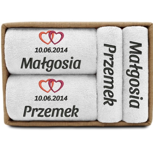 PREZENT ŚLUBNY 4 ręczniki w koszu z imionami i datą Ślubu SERCA