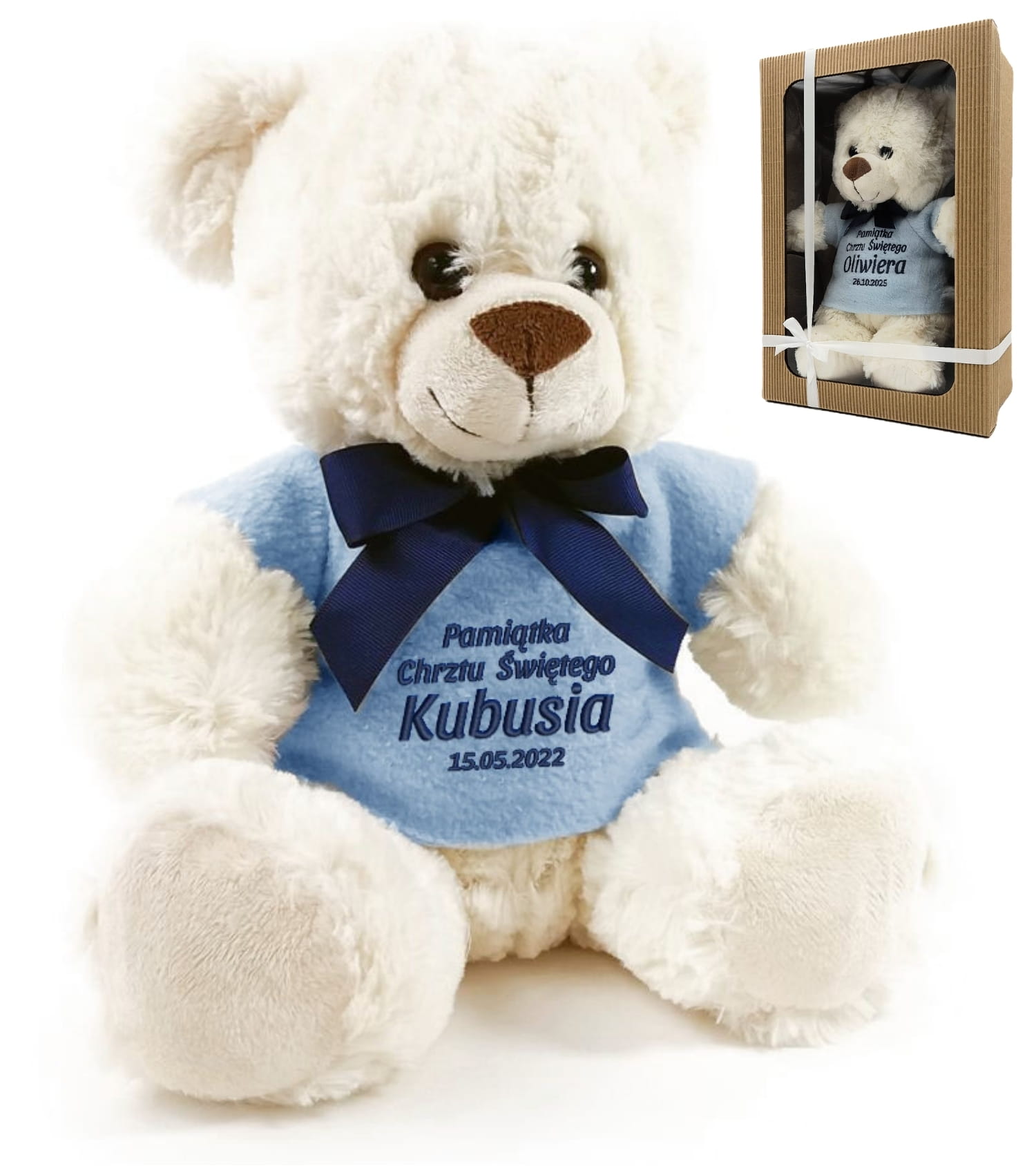 MIŚ KREMOWY 25cm w sweterku Pamiątka Chrztu Świętego